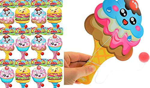 JA-RU Girls Wooden Paddle Ball with String -Pack of 12 Assorted-. Cupcake, Ice Cream Candy  and  Burger Paddle Balls. Real Quality Paddle Balls Classic Game Toy. Plus 1 Sticker -6585-12s