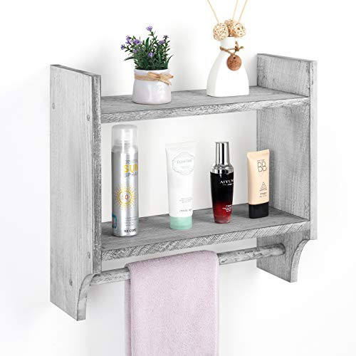 Wall Mounted Shelf with Towel Bar Rack, Rustic Towel Rack with Storage Shelf Farmhouse 2-Tier Hanging Torched Wood Shelf Organizer Floating Shelves Towel Holder for Kitchen, Bathroom, Greyish White