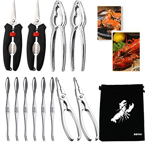 BLBYHO Crab Crackers and Tools, Crab Leg Scissors Set, Includes 2 Crab Scissors, 2 Crab Leg Cracker, 2 Seafood Pliers, 6 Crab Leg Forks, 1 x Storage Bag, Ideal Seafood Tools Set for Seafood Lovers