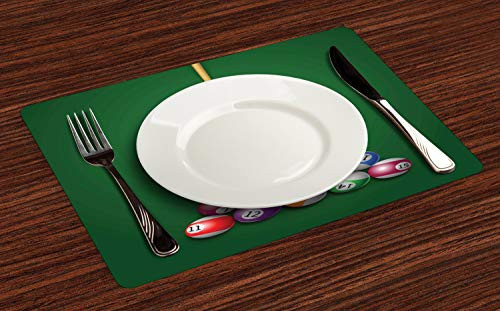 Lunarable Billiard Place Mats Set of 4, Cartoon Illustration of Ready to Play Pool Table Triangle of Balls and Cue, Washable Fabric Placemats for Dining Table, Standard Size, Green Multicolor