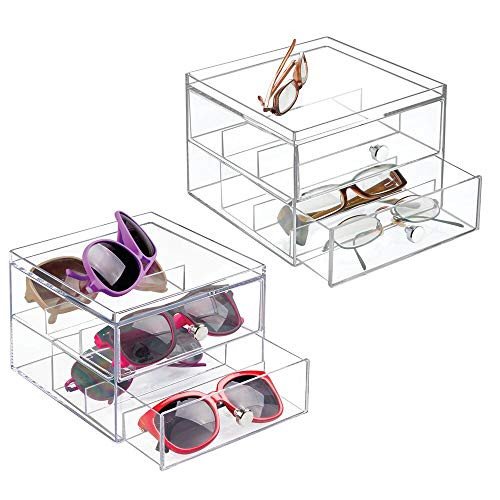 mDesign Stackable Plastic Eye Glass Storage Organizer Box Holder for Sunglasses, Reading Glasses, Accessories - 2 Divided Drawers, Chrome Pulls, 2 Pack - Clear