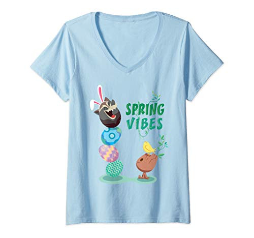 Womens Marvel Easter Rocket  and  Groot Spring Vibes V-Neck T-Shirt