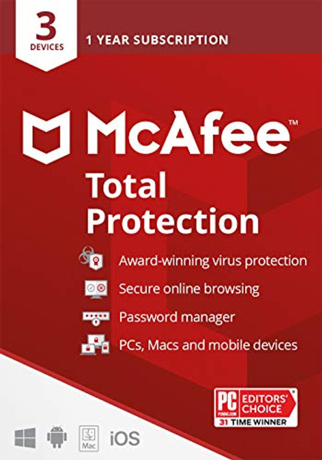 McAfee Total Protection 2021, 3 Device, Antivirus Internet Security Software, Password Manager, Privacy, 1 Year - Key Card