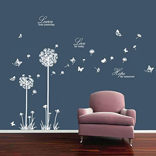 decalmile Dandelion Wall Decals Butterflies Learn Live Hope Wall Stickers Quotes Living Room Bedroom Wall Decor (White)