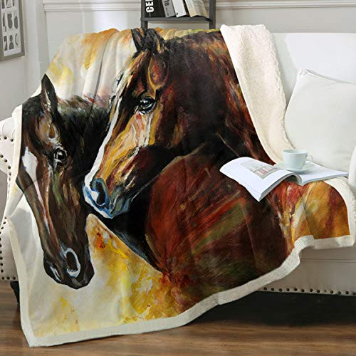 Sleepwish Horse Blanket Fleece Blanket Throw with Horses Oil Paint Gold Farm Animal Pattern Sherpa Blanket Super Soft Comfy Plush Sofa Couch Blanket Bed Throw TV Blanket -50"x60"-