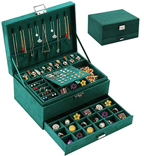 Jewelry Box Organizer for Women Girls, QBestry 3 Layers Big Jewelry Earrings Organizer Box with Lock Drawer Women Jewelry Display Holder Storage Case for Earrings Bracelets Rings Necklace Watches - Green Jewelry Box Organizer for Women Girls, QBestry 3 Layers Big Jewelry Earrings Organizer Box with Lock Drawer Women Jewelry Display Holder Storage Case for Earrings Bracelets Rings Necklace Watches - Green