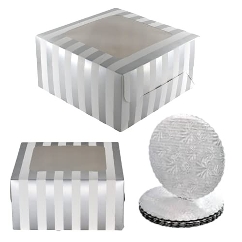 10x10x5 Cake Boxes with Cake Boards -Shiny Silver Foil Striped Bakery Boxes with Window 20 Piece Set -10 Boxes  and  10 Cake Boards- 10x10x5 Bakery Box with Window, Disposable Cake Containers