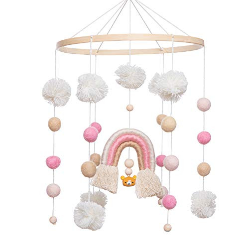 Baby Crib Mobile - MMH Rainbow Crib Mobile Wooden Mobile with Colorful Cotton Ball Wool Felt Ball Boho Baby Mobile Bassinet Mobile for Crib Toy Mobile for Baby Nursery Room Decoration -Pink Rainbow-