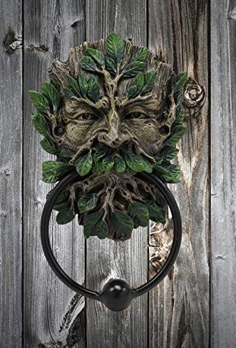 Ebros Gift English Celtic Traditional Greenman Forest Deity Spirit Decorative Door Knocker Figurine Resin Sculpture with Cast Iron Ring Ball Wiccan Tree of Life Themed Accent