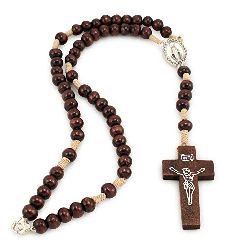 Miraculous Medal Rosary with Dark Brown Wooden Beads Necklace