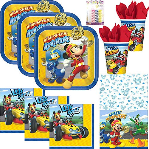 Disney Mickey Roadster Party Supplies Pack Serves 16: Dessert Plates, Beverage Napkins, Cups, Table Cover and Birthday Candles