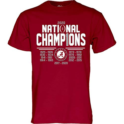 The Blue Brand NCAA Alabama Crimson Tide Mens Alabama Crimson Tide National Champs T Shirt 2020-2021 Number 1, Alabama Crimson Tide Cardinal, XX-Large The Blue Brand NCAA Alabama Crimson Tide Mens Alabama Crimson Tide National Champs T Shirt 2020-2021 Number 1, Alabama Crimson Tide Cardinal, XX-Large