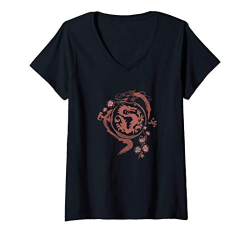 Womens Disney Mulan Mushu Red Ink Wash Dragon V-Neck T-Shirt