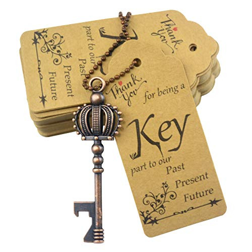 Aokbean 52 pcs Crown Key Bottle Opener with Tag and Keychain,Vintage Skeleton Key Bottle Opener for Wedding Party Favors -Copper-