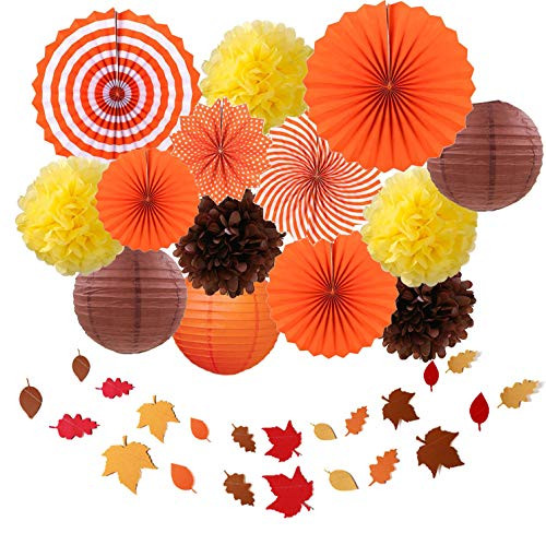 Kubert Fall Party Decorations, Orange Hanging Paper Fans Autumn Paper Pompoms Paper Lanterns Maple Leaves Bunting Garlands for Thanksgiving Celebration, Birthday Decor -15 Pcs-