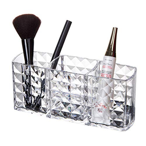 QQYYY Makeup Brush Holder Organizer, 3 Slot Cosmetic Brushes Storage, Eyeliners Eyebrow Clear Diamond Shaped Desktop Organizer Display, 18.86.48Cm