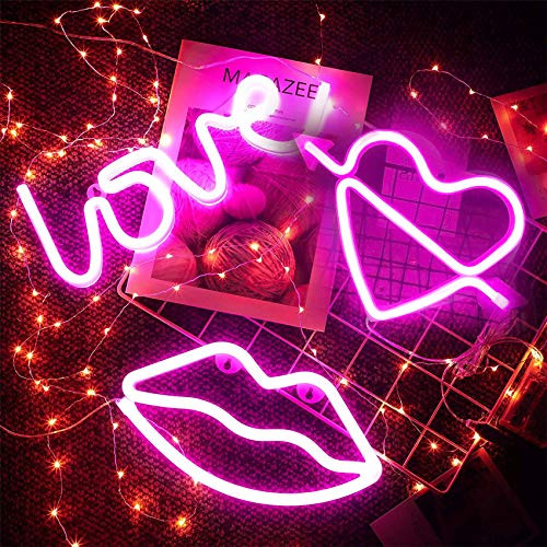 AIWEILUCK Neon Light 3Pack Lip Love Heart Decorative Led Neon Signs, Battery and USB Operated Neon Lights, Light up for The Home, Kids Room, Bedroom, Bar, Party -Pink-Lip Love Heart-