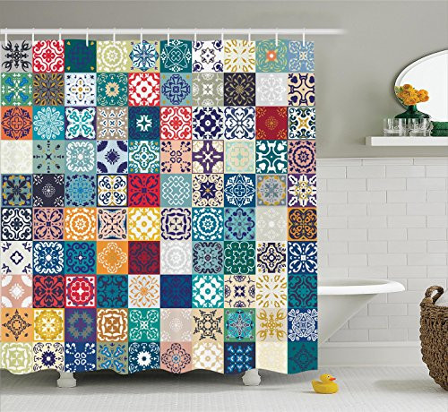 Ambesonne Moroccan Decor Shower Curtain Set, Mega Patchwork Pattern with Different Colorful Arabic Figures Original Tunisian Artful Theme, Bathroom Accessories, 84 Inches Extralong, Multi