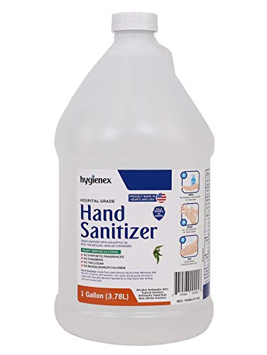 Hygienex Hospital Grade Hand Sanitizer Liquid 1 Gallon -128 Oz.- Scented with Eucalyptus Oil, 80 percent Alcohol Made in USA WHO Approved Formula
