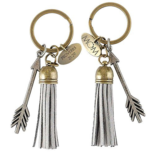 Mom Proverbs 31:29 Arrow Tassle Charm Antique Finish Christian Key Ring Keychain