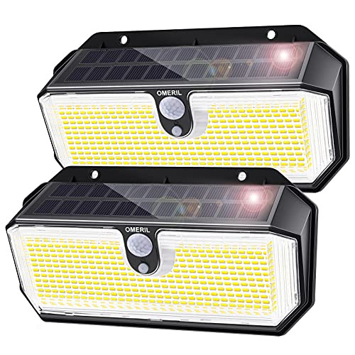 OMERIL Solar Lights Outdoor, 282 LED 2600LM Solar Motion Sensor Lights with 3 Lighting Modes, IP65 Waterproof Super Bright Outdoor Lights Solar Powered for Garden Patio Yard Garage Deck Steps-2Pack-