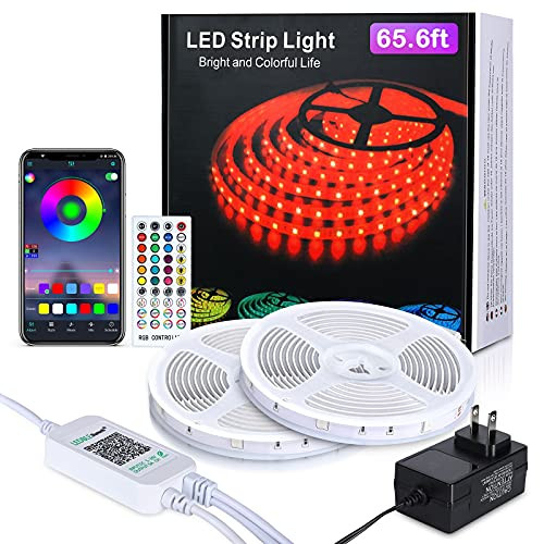 Tobole Led Strip Lights 65.6ft Bluetooth, Smart 5050 RGB Strip Lights, Music Sync Color Changing Lights Timer with APP, 40 Keys IR Remote Controller, Led Rope Lights for Bedroom