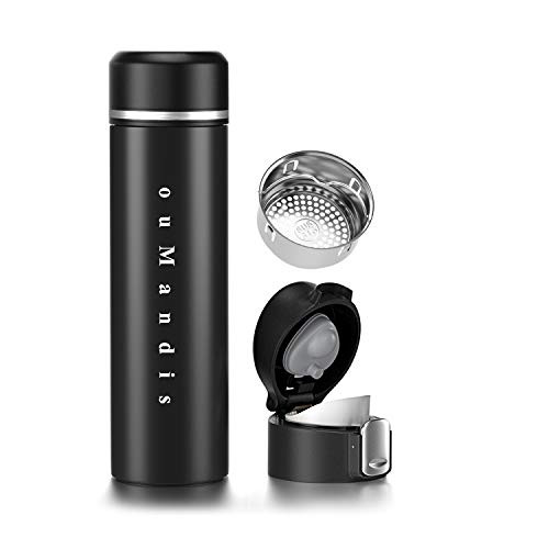 ouMandis 17oz Tea Infuser Travel Mug / Insulated Tea Infuser Tumbler for Loose Tea / Fruit Infused Water Flask / Hot  and  Cold Double Wall Stainless Steel Coffee Thermos with 2 Lids -Black-