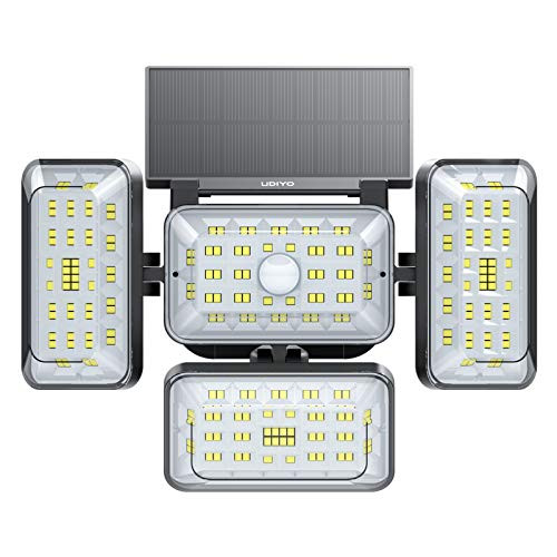 UDIYO 242 LED Solar Lights Outdoor Motion Sensor, 2021 Upgraded 4 Heads, Solar Powered Security Lights, Solar Flood Light Motion Detected, IP65 Waterproof, for Garage, Yard, Porch, Entryways, Patio
