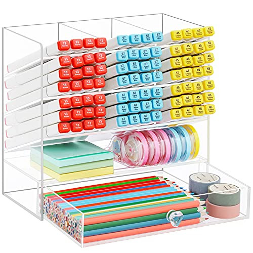 Marbrasse Acrylic Pen Organizer Storage, Upgraded Acrylic Desk Organizer with 10 Compartments  plus Drawer, Pen Holder for Desk, Art Supply Organizer for Home,Office,Desktop Pencil Organization
