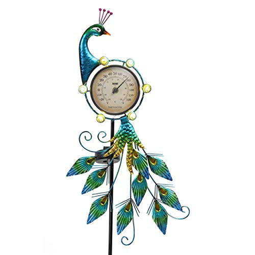 TERESA'S COLLECTIONS 39 inch Metal Peacock Garden Solar Lights Decor, Outdoor Solar Lights Stake with Thermometer for Garden Yard Decorations