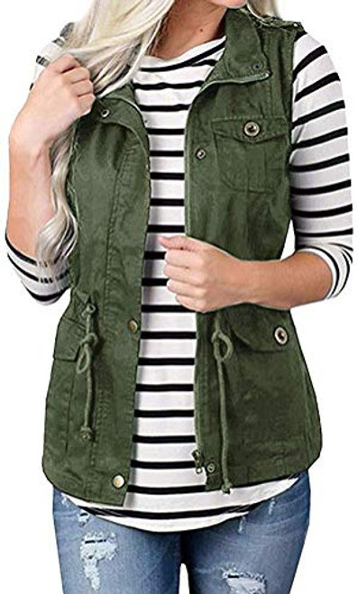 Women Camo Lightweight Vest Jacket Sleeveless Utility Vest Military Jacket Camouflage Anorak with Pockets -3. plain army green, S-