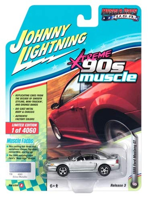 1999 Ford Mustang GT Silver 90's Muscle Limited Edition to 4,060 Pieces Worldwide 1/64 Diecast Model Car by Johnny Lightning JLMC014/ JLSP029 A 1999 Ford Mustang GT Silver 90's Muscle Limited Edition to 4,060 Pieces Worldwide 1/64 Diecast Model Car by Johnny Lightning JLMC014/ JLSP029 A