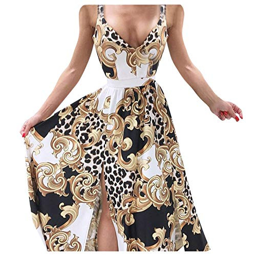 fine_fine Women's Bohemian Floral/Leopard Printed V Neck Sleeveless Split Beach Party Maxi Temperament Dress