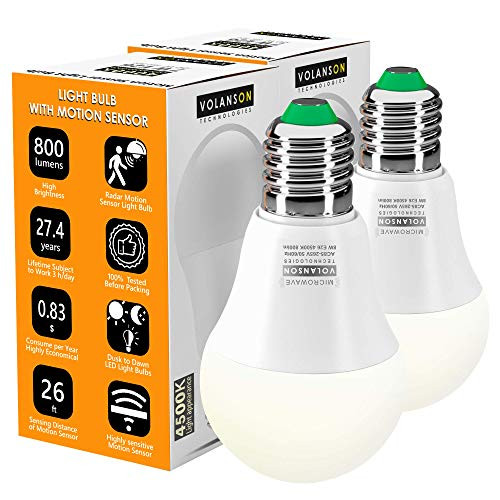 Motion Sensor Light Bulb Radar Outdoor Indoor Daylight Motion Activated Dusk to Dawn Bulbs - for Porch Garage Basement Stairwell 4500K E26 A19 LED Security -2 Pack-