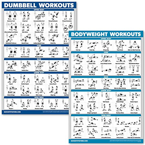 QuickFit Dumbbell Workouts and Bodyweight Exercise Poster Set - Laminated 2 Chart Set - Dumbbell Exercise Routine & Body Weight Workouts (18" x 27")