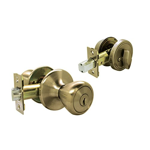 Ultra Security 83969 Grade 3 Antique Brass Tulip Knob Entry Door Lock Deadbolt Set