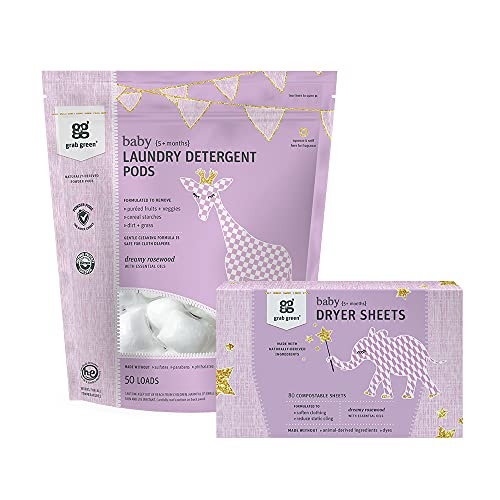 Grab Green Grab Green Stage 2 Natural Baby Laundry Detergent Pods  and  Dryer Sheets Kit, Dreamy Rosewood, 80 Loads, Dreamy Rosewood