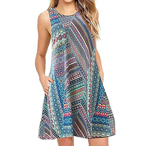 Women's Summer Casual Sleeveless Sundress Floral Loose A-Line Swing Mini Tunic Dress with Pocket-Blue,M- Women's Summer Casual Sleeveless Sundress Floral Loose A-Line Swing Mini Tunic Dress with Pocket-Blue,M-