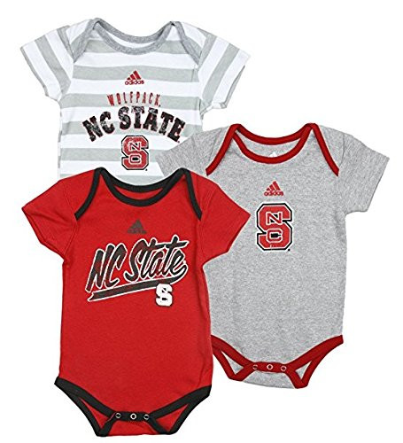 adidas North Carolina State University Wolfpack NCAA Unisex Baby Infant Lil Fan 3 Piece Bodysuit Set, Red - Grey - White Grey Stripes