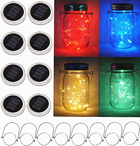 Solar Mason Jar Lights -Updated-, 8 Pack 20 LED Waterproof Fairy Firefly Jar Lids String Lights with Hangers-NO Jars-, Patio Yard Garden Wedding Decoration - Multi-Colored