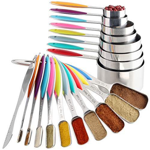 Measuring Cups and Spoons Stainless Steel Set of 19 Includes 18 Stainless Steel Measuring Cups and Spoons and 1 Leveler Set Liquid or Dry Measuring Cup and Spoon Set for Dry and Liquid Ingredient