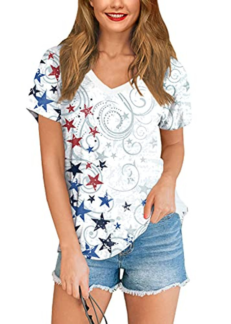 Women 4th of July Shirts American Flag Patriotic Short Sleeve V Neck USA Flag Tops Star White XL Women 4th of July Shirts American Flag Patriotic Short Sleeve V Neck USA Flag Tops Star White XL