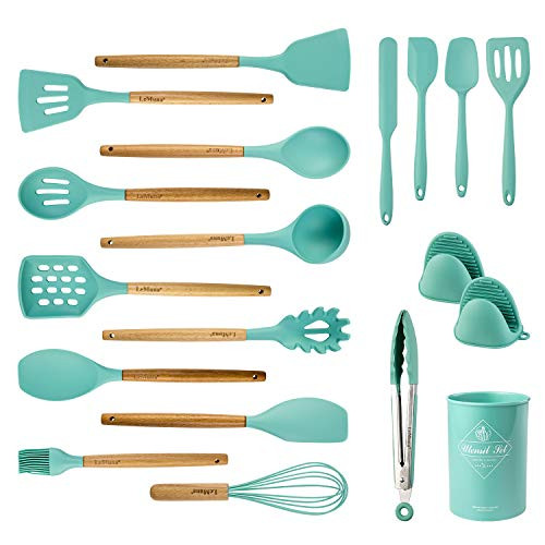 LeMuna 18pcs Silicone Cooking Utensil Set, Non-stick Heat Resistant Kitchen Utensils Set with Holder, BPA Free, Non Toxic Cooking Tools with Wooden Handles