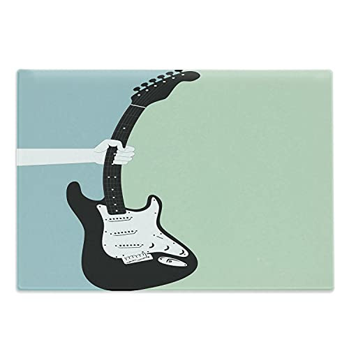 Lunarable Music Cutting Board, Hand Grabs the Electric Guitar Instrument Rock Performance Design, Decorative Tempered Glass Cutting and Serving Board, Large Size, Mint Green Pale Blue