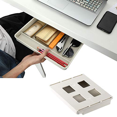 Under Desk Drawer Organizer -Large Storage Under Table, Self Adhesive Hidden Slide Out Pen Pencil Under Desk Drawers Paste Tray Space Saving for Office School Home Desk -Gray and White-