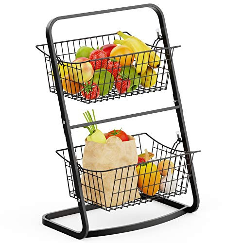 Wire Market Basket Stand, Warmfill 2 Tier Vertical Fruit Basket Stand with Removable Wire Basket for Fruit, Vegetables, Potatoes, Onions, Floor Stand Metal Storage Basket for Kitchen Bathroom Pantry