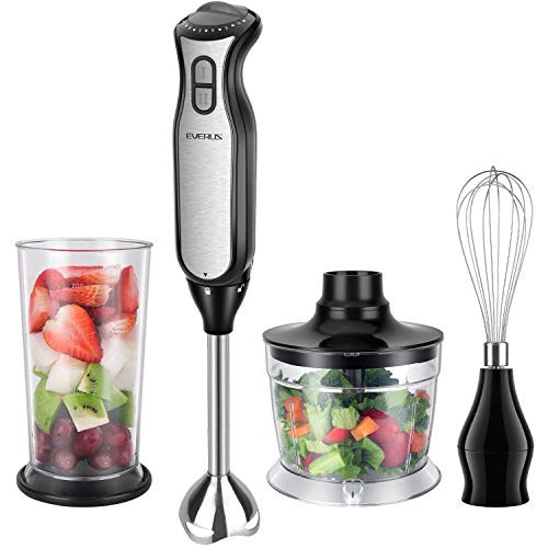 Immersion Hand Blender EVERUS 4-in-1 Hand Blender Stick with 700ml Food Chopper,700ml Mixing Beaker, Stainless Steel Whisk,8 Speeds Handheld Immersion Blender for Baby Food, Soup, BPA Free, 400W