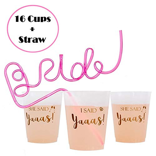 MODLUX Bachelorette Party + Bridal Shower Cups (16 Count, 16 Oz.) + *Bonus* Bride Straw /"She Said Yaaas" /"I Said Yaaas" | Engagement Party Decoration Bride Gift