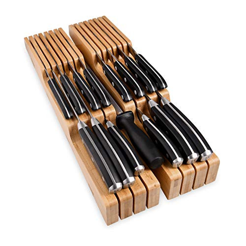 In-Drawer Bamboo Knife Block - Holds 14 Knives Plus a Slot for your Knife Sharpener, Premium Knife Drawer Organizer, Perfect Knife Organizer Drawer Insert or Drawer Knife Holder -2" tall, 17" deep-