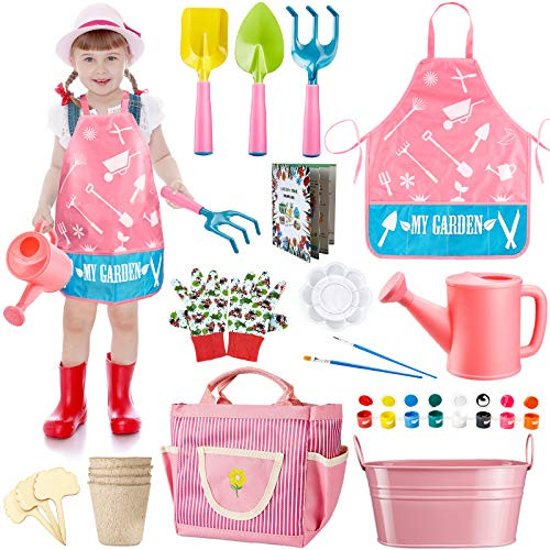 GINMIC Kids Gardening Tools with STEM Learning Guide, Washable Apron, Watering Can, Gardening Gloves, Shovel, Rake,  and  Painting Accessories Beach Sand Toy? Kids Garden Tool Set for Toddler Age on up.